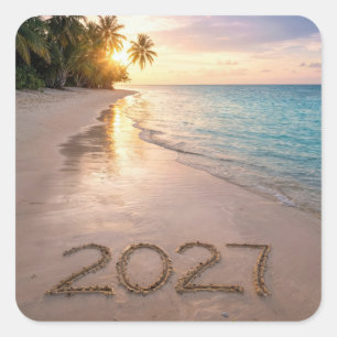 Adesivo Quadrado Ano Novo 2027 Praia Tropical
