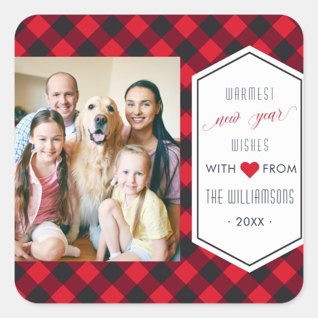 Adesivo Quadrado Anos novos Buffalo Xadrez Cartões de natal Foto (Frente)