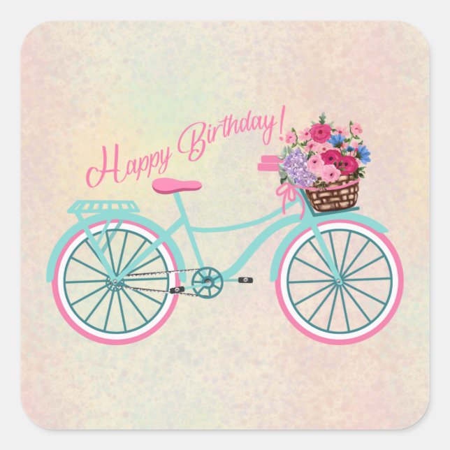 Adesivo Quadrado Antiga Bicicleta Moída com Flores Feliz Aniversári (Frente)