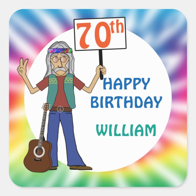 Adesivo Quadrado Antiga Festa de aniversário Hippie Tie Dye (Frente)