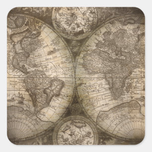 Adesivo Quadrado Antigos Continentes de Mapa do Atlas do Velho Mund