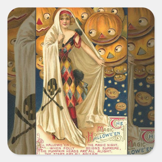 Adesivo Quadrado Antiguidade Halloween Jack O Lanterna Mulher do Co (Frente)