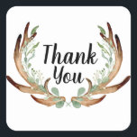 Adesivo Quadrado Antler e Vine Watercolor Obrigado<br><div class="desc">Por Honey & Birch Studios</div>
