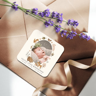 Adesivo Quadrado Anúncio de Nascimento de Animais da Floresta de Bo