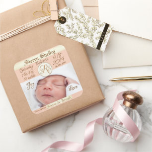Adesivo Quadrado Anúncio de Nascimento de Bebê Personalizado com Es