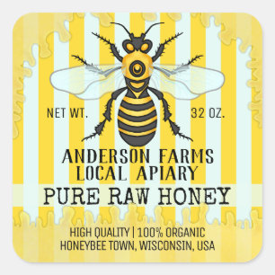 Adesivo Quadrado Apiary Bee Honey Jar Labels   Abelhas de mel risca
