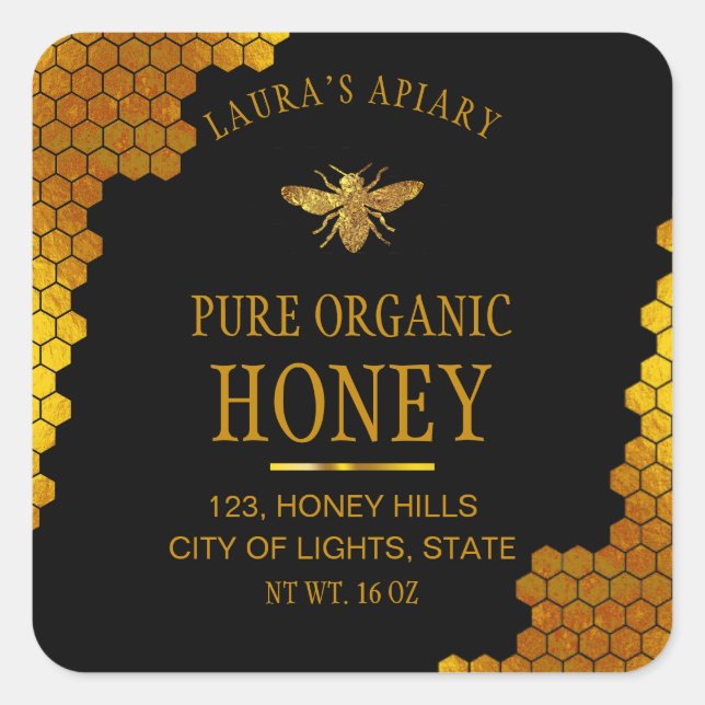Adesivo Quadrado Apiary Honeycomb — Rótulo de produto da Bebê Honey (Frente)