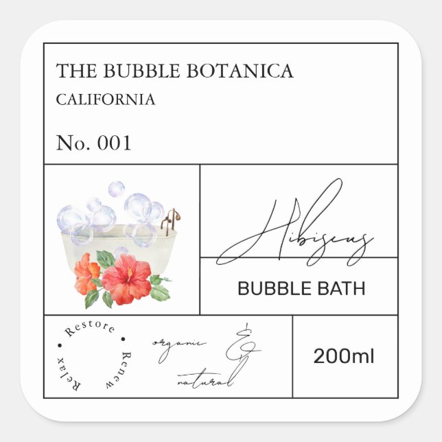 Adesivo Quadrado Apothecary Hibiscus Bubble Bath Label (Frente)