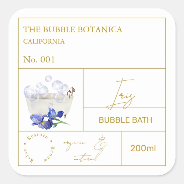 Adesivo Quadrado Apothecary Iris Bubble Bath Label (Frente)