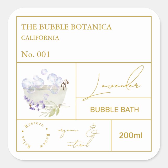 Adesivo Quadrado Apothecary Lavender Bubble Bath Label (Frente)