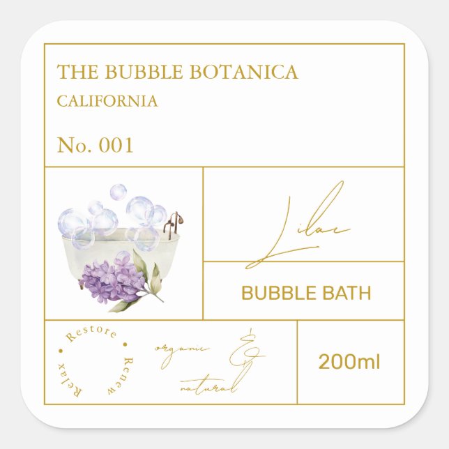 Adesivo Quadrado Apothecary Lilac Bubble Bath Label (Frente)