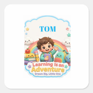 Adesivo Quadrado Aprendizado Fofo É uma Aventura Design de Escola I