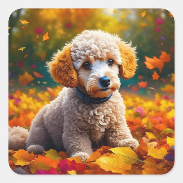 Adesivo Quadrado Apricot Poodle Puppy em Folhas de Queda (Frente)