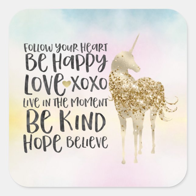 Adesivo Quadrado Aqua Amarelo Amarelo de Aquarela, Unicórnio Inspir (Frente)