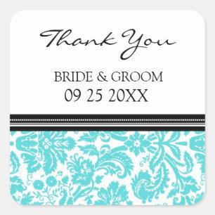 Adesivo Quadrado Aqua Black Damask Obrigado Por Marcações De Favor 