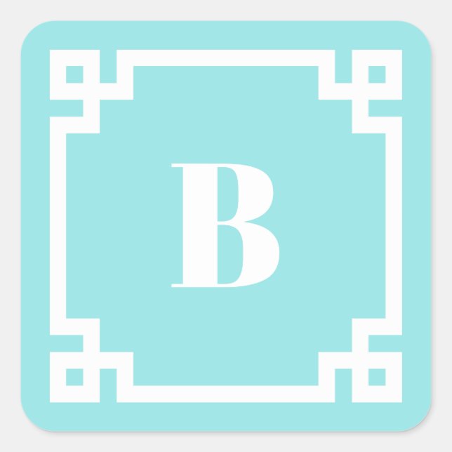 Adesivo Quadrado Aqua Blue Square Greek Key Border Monogrammed (Frente)