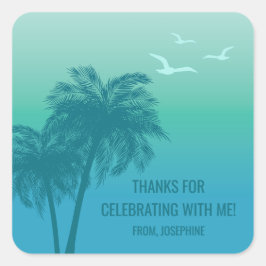 Adesivo Quadrado Aqua Blue Tropical Palm Trees Birthday Thank You