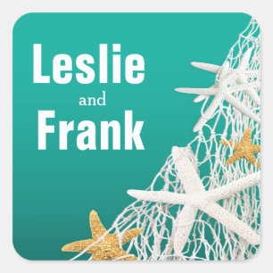 Adesivo Quadrado Aqua do favor   do casamento de praia da rede da