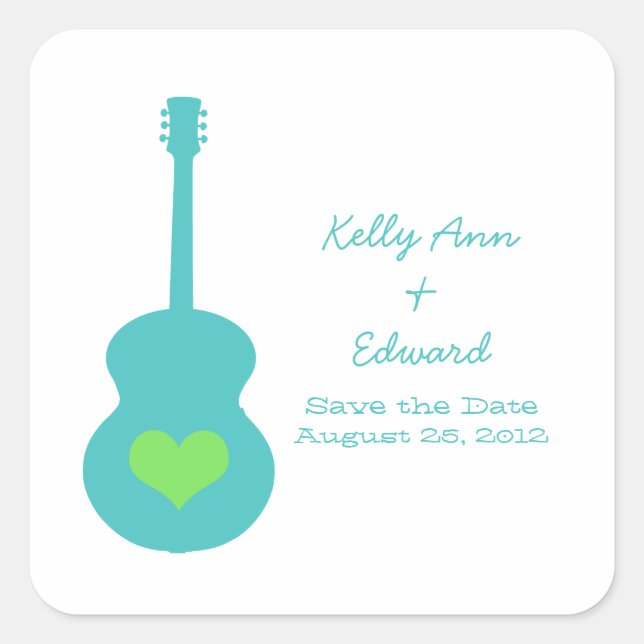Adesivo Quadrado Aqua/Green Guitar Heart Salve the Date Stickers (Frente)