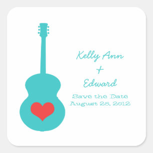 Adesivo Quadrado Aqua/Red Guitar Heart Salve the Date Stickers