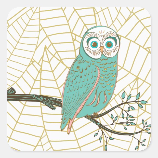 Adesivo Quadrado Aqua Retro Owl Design (Frente)