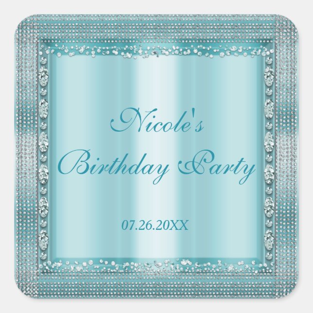 Adesivo Quadrado Aqua Teal Blue & Silver Diamond Bling Party Favor  (Frente)