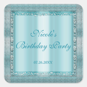 Adesivo Quadrado Aqua Teal Blue & Silver Diamond Bling Party Favor