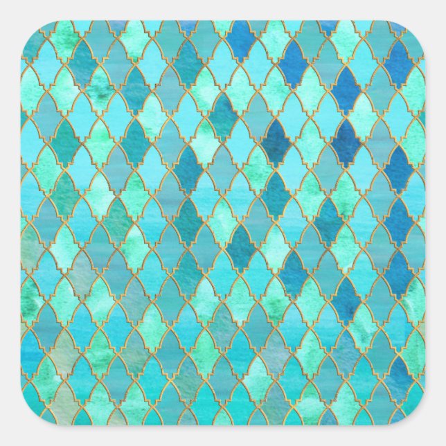 Adesivo Quadrado Aqua Teal Mint Dourado Padrão de Azulejo Marroquin (Frente)