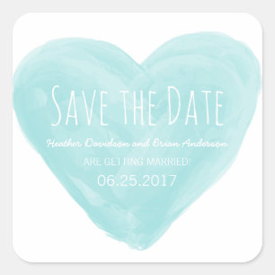 Adesivo Quadrado Aqua Watercolor Heart Save the Date Stickers