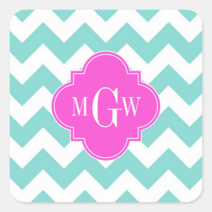 Adesivo Quadrado Aqua White Chevron Quatrefoil Rosa Quente 3 Monogr
