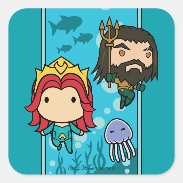 Adesivo Quadrado Aquaman | Chibi Mera & Aquaman Subsea Graphic (Frente)