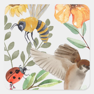 Adesivo Quadrado Aquarela Abelha, Pardal & Papel Plano de Flor Silv