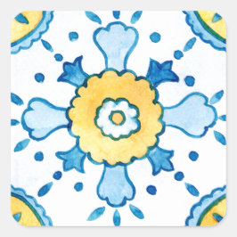Adesivo Quadrado Aquarela Azul e Amarelo Padrão de Azulejo Marroqui