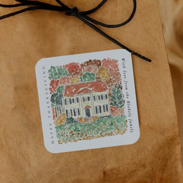 Adesivo Quadrado Aquarela Casa Georgiana Outonal de Ação de Graças (Watercolor Thanksgiving Autumnal Georgian House Square Sticker)