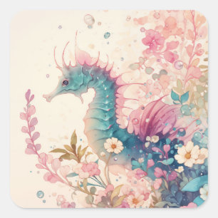 Adesivo Quadrado Aquarela Cavalo-Marinho Azul-Verde e Magenta