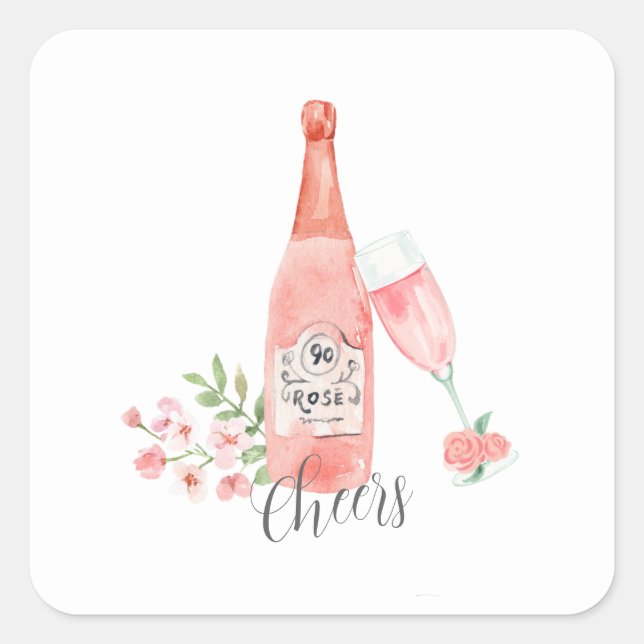 Adesivo Quadrado Aquarela com flores e design de vinho rosé. (Frente)
