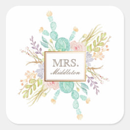 Adesivo Quadrado Aquarela de Buquê Suculente | Nome