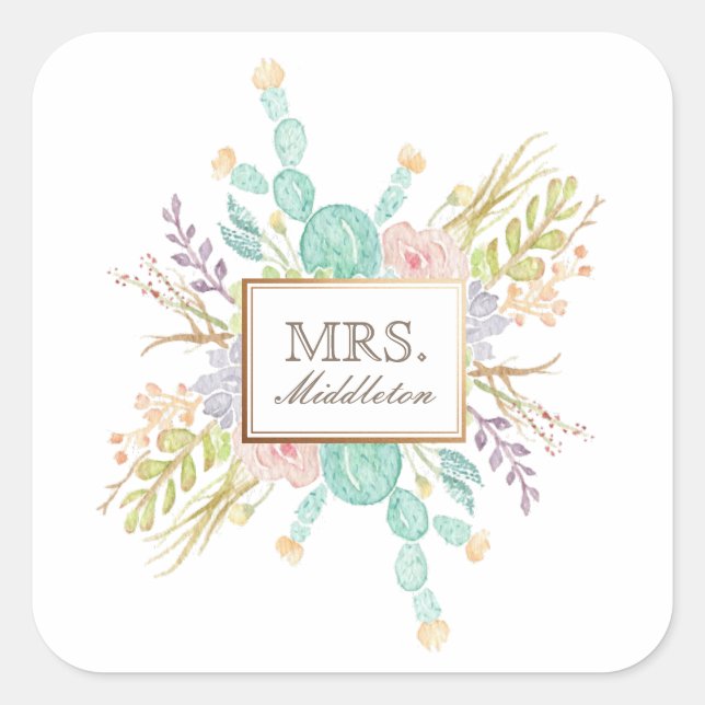 Adesivo Quadrado Aquarela de Buquê Suculente | Nome (Frente)