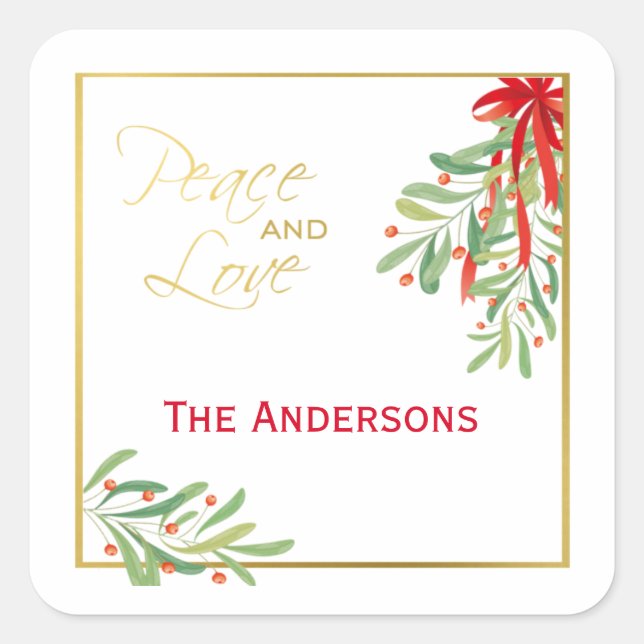 Adesivo Quadrado Aquarela de Mistletoe & Dourado | Feriado (Frente)