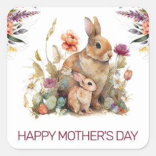 Adesivo Quadrado Aquarela Dia das Mães Coelho Mãe e Bebê Primavera