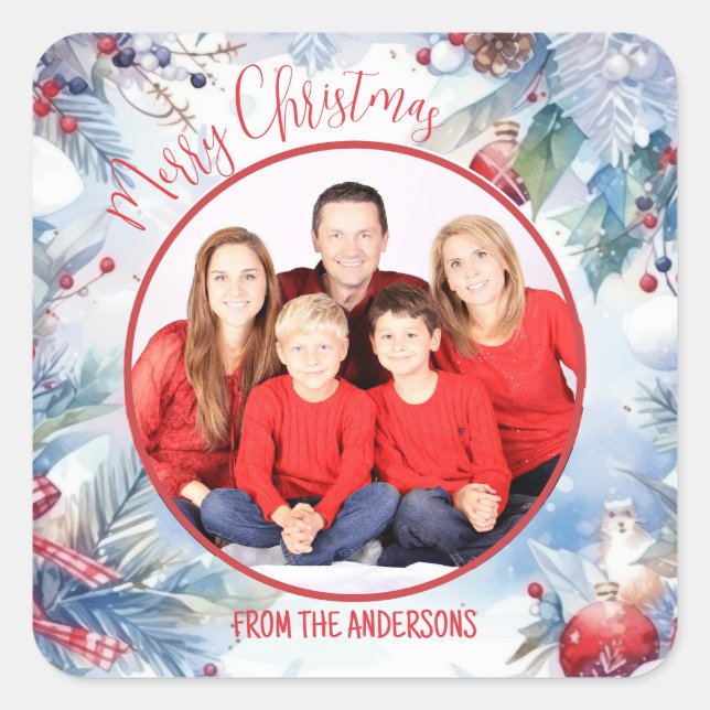 Adesivo Quadrado Aquarela Feliz Natal Foto da Fronteira de inverno (Frente)