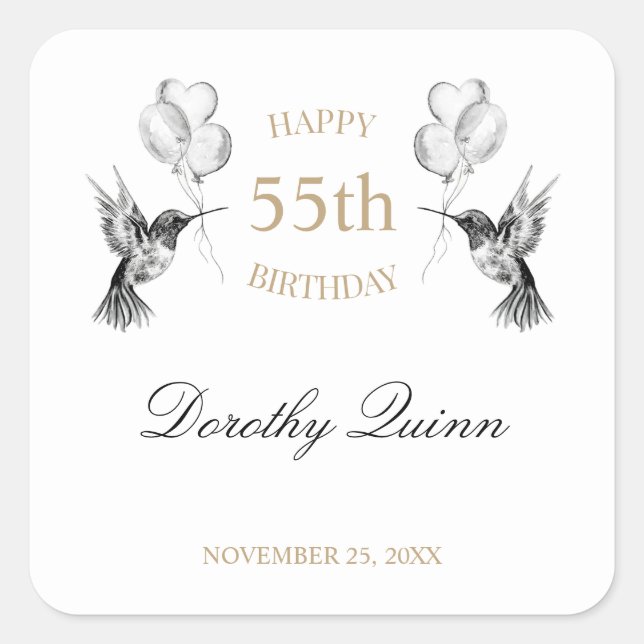 Adesivo Quadrado Aquarela Festa de aniversário de Balão de Hummingb (Frente)