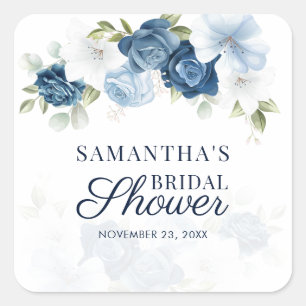 Adesivo Quadrado Aquarela Flores em Flor Azul Branco Chá de Bebê de