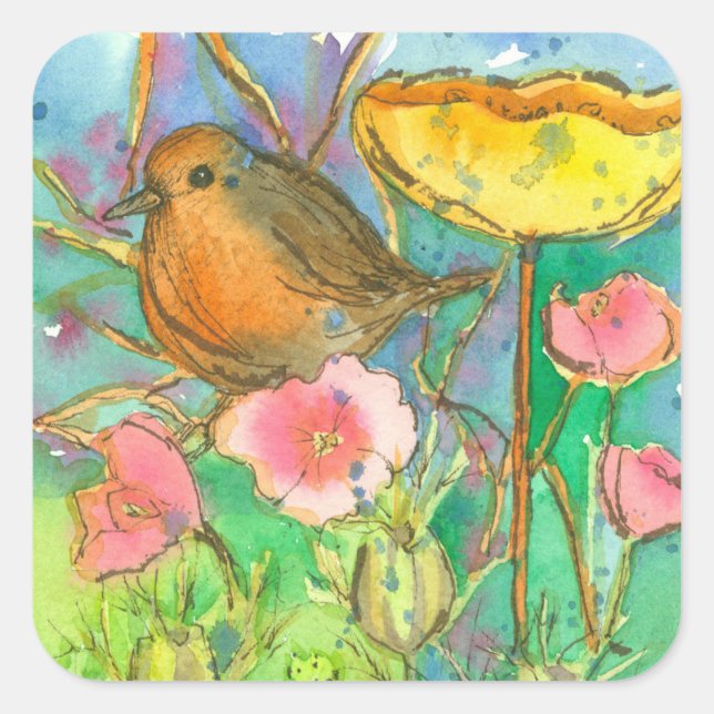 Adesivo Quadrado Aquarela Flores Robin Bird (Frente)