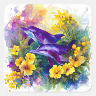 Adesivo Quadrado Aquarela Golfinhos Flores Tropicais Oceano