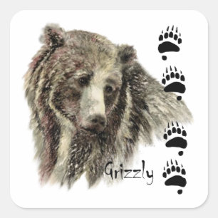 Adesivo Quadrado Aquarela Grizzly Bear Natureza