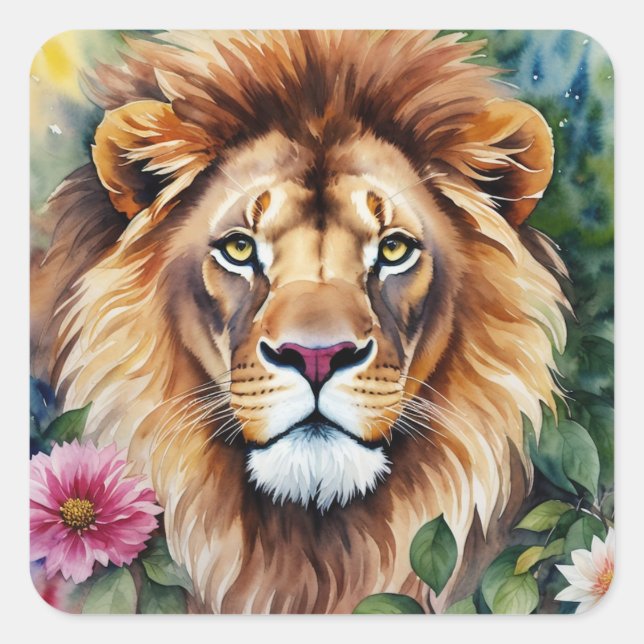 Adesivo Quadrado Aquarela Lion Arte Floral (Frente)