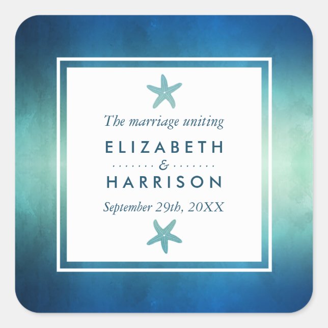 Adesivo Quadrado Aquarela Oceano Starfish Praia Favor do Casamento (Frente)