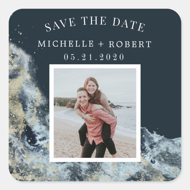 Adesivo Quadrado aquarela ondas litorâneas salvar foto de data (Frente)