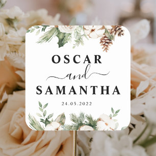 Adesivo Quadrado Aquarela Palha Verde de inverno Flores Brancas